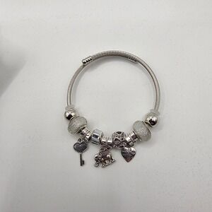 Silver Tone Cable Wire Charm Bracelet Elephant Heart Key Made With Love Charms